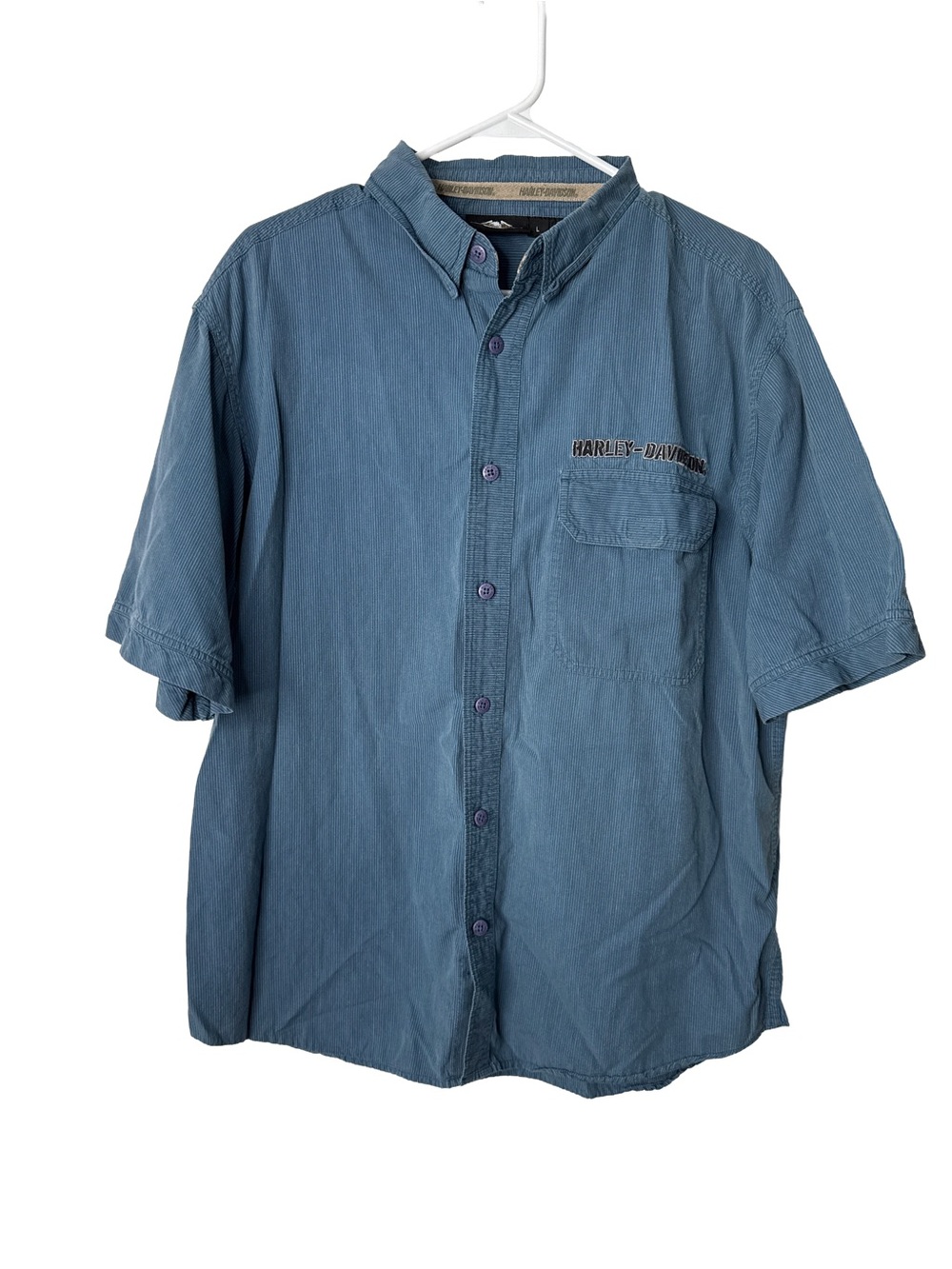 HARLEY-DAVIDSON Men's Button Eagle Garage Shirt Blue Pinstripe Short-Sleeve L